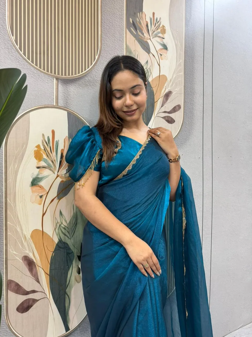 Blue Color wedding Zip and go Saree with Beads