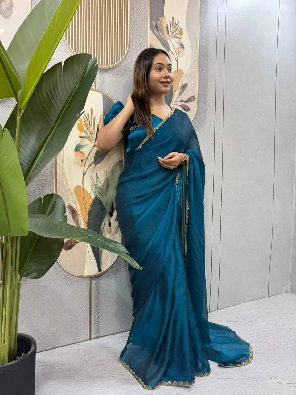 Blue Color wedding Zip and go Saree with Beads