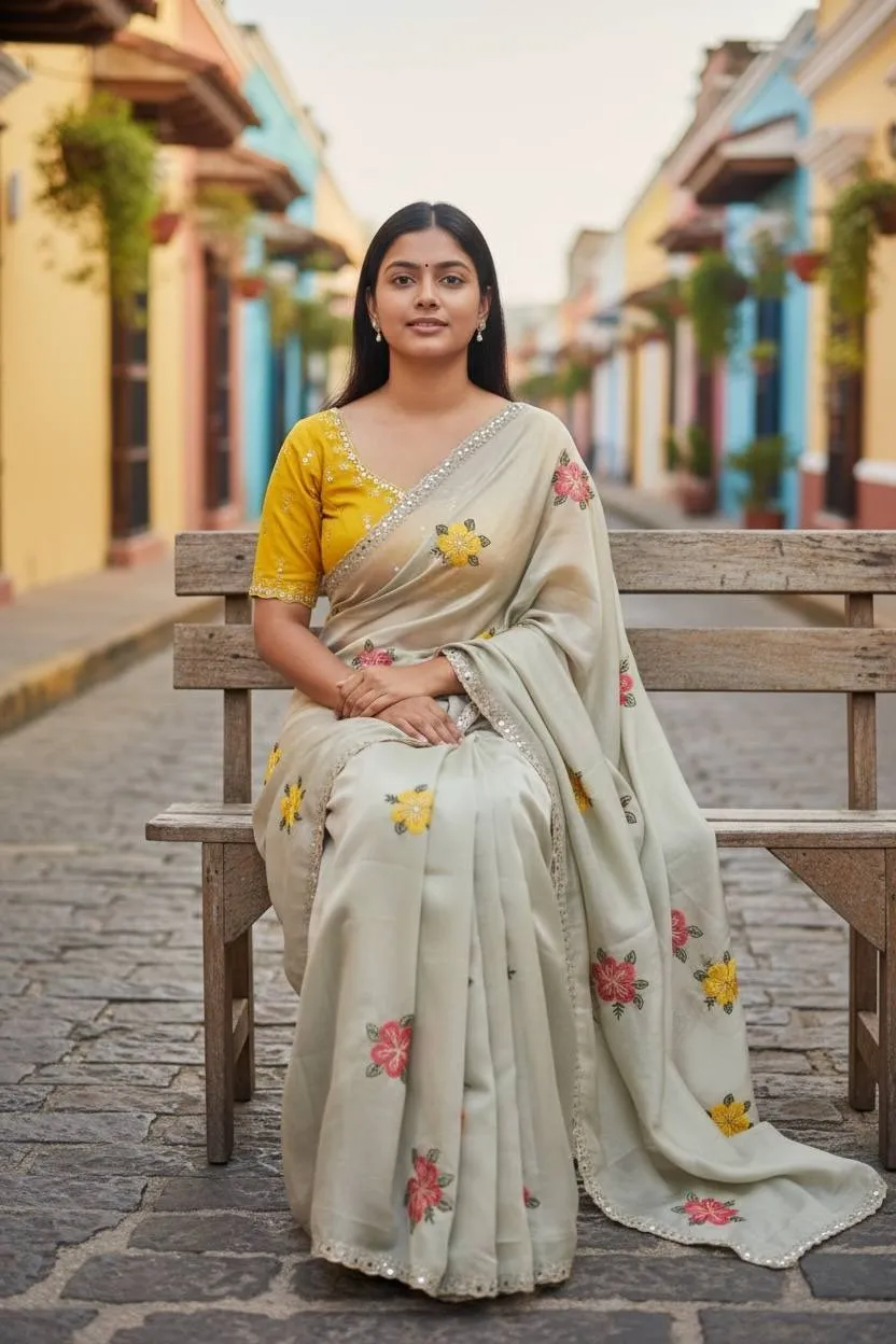 Buy Flower Embroidery Mirror Saree