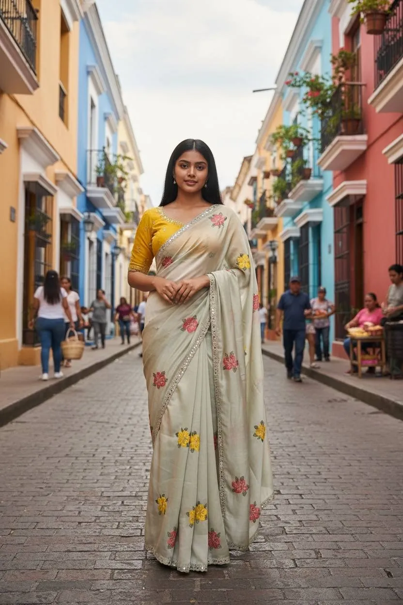 Buy Flower Embroidery Mirror Saree