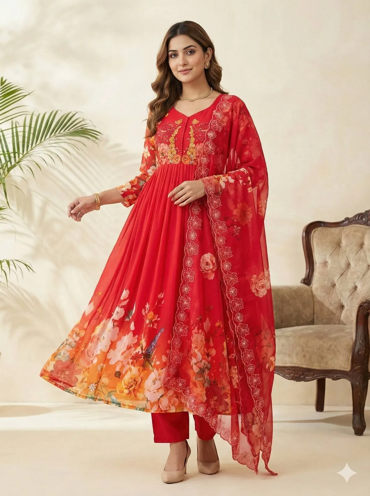 Cherry Red Floral Handwork Gown Set
