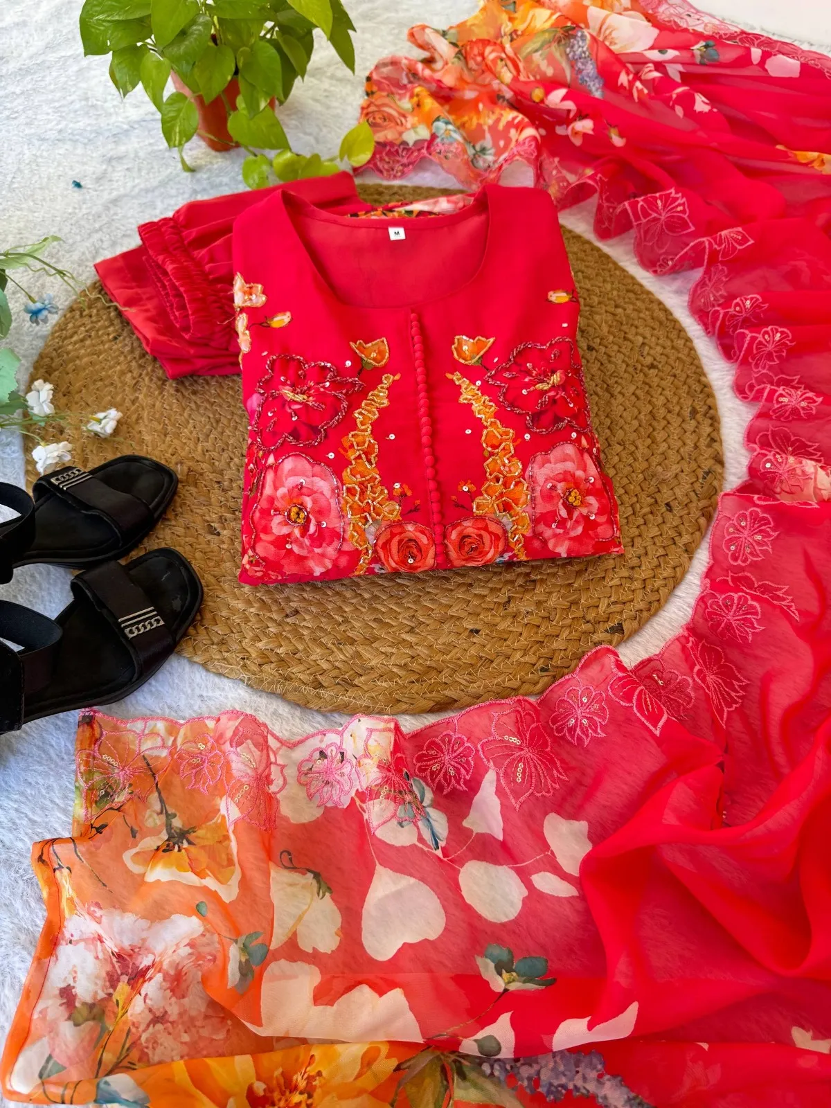 Cherry Red Floral Handwork Gown Set