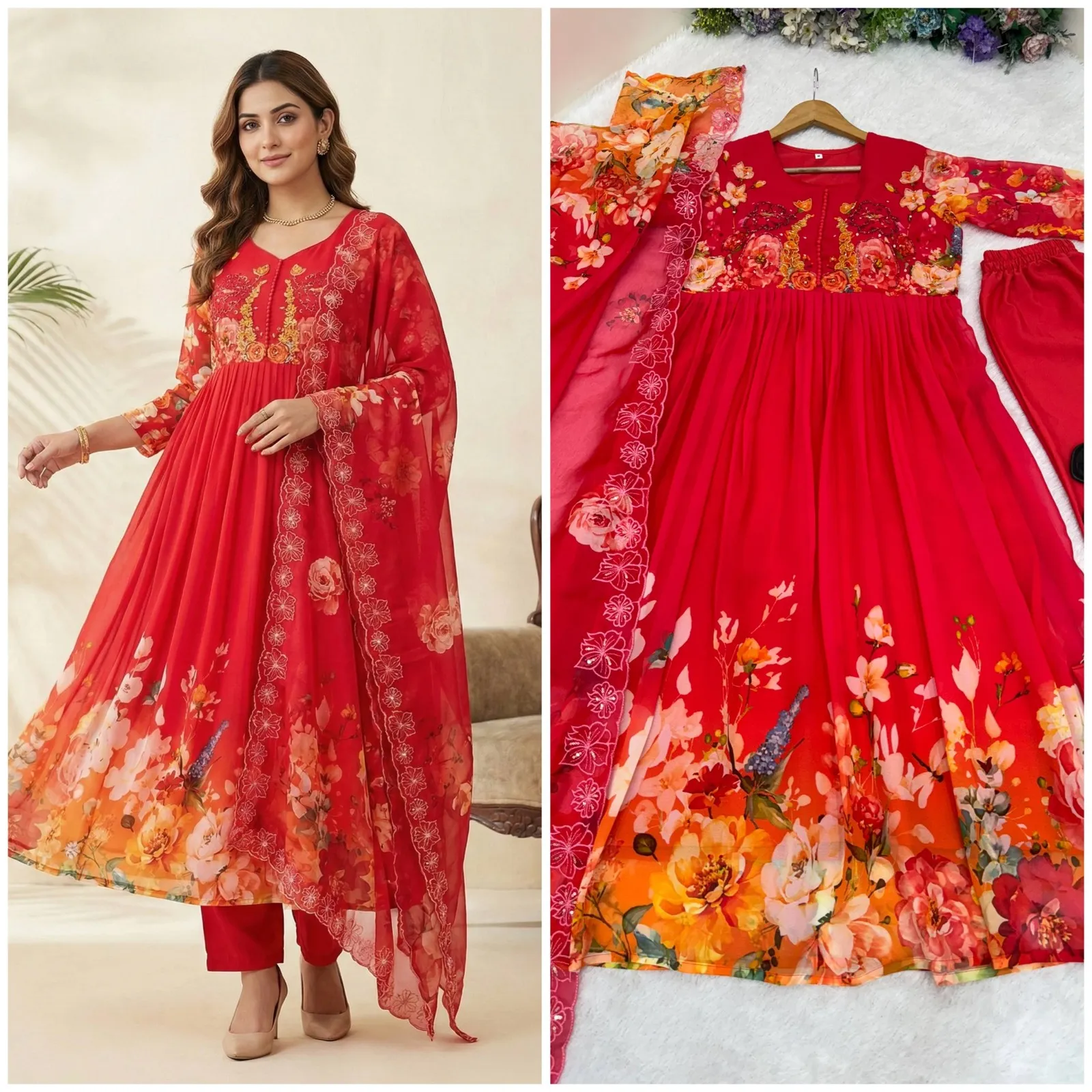 Cherry Red Floral Handwork Gown Set