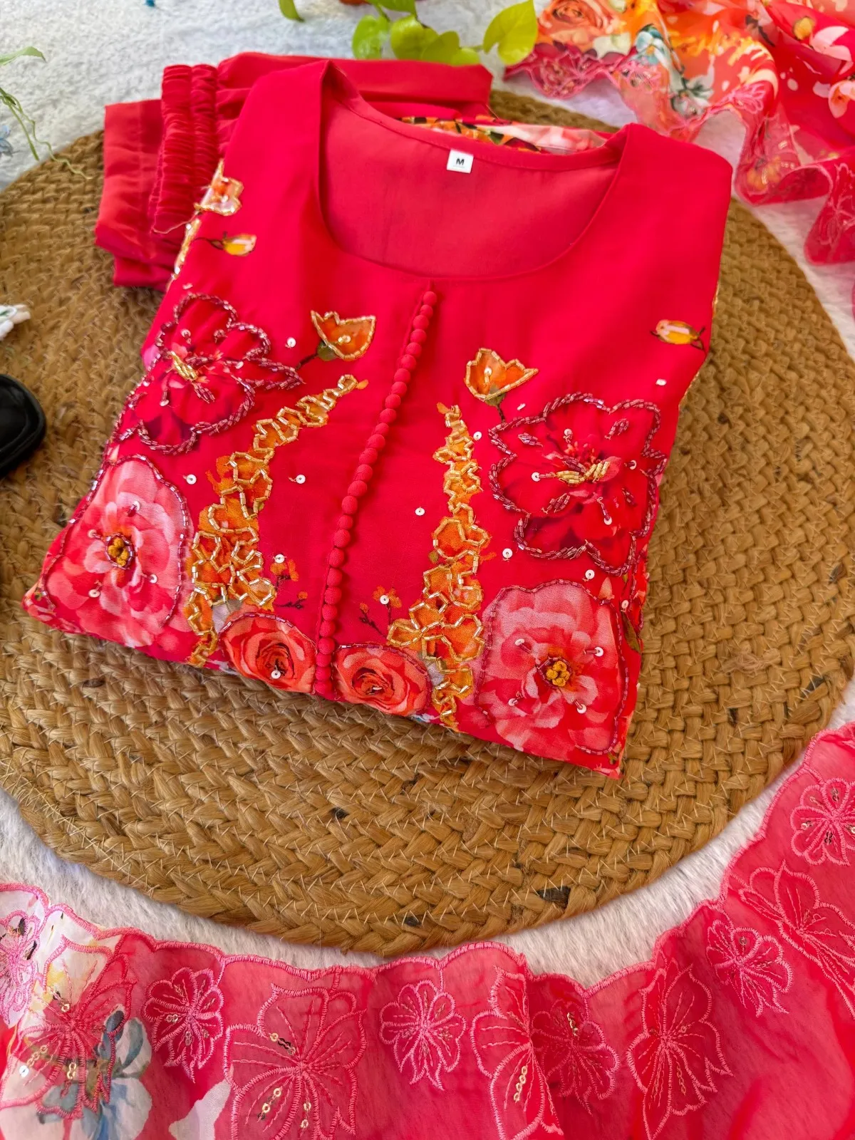 Cherry Red Floral Handwork Gown Set