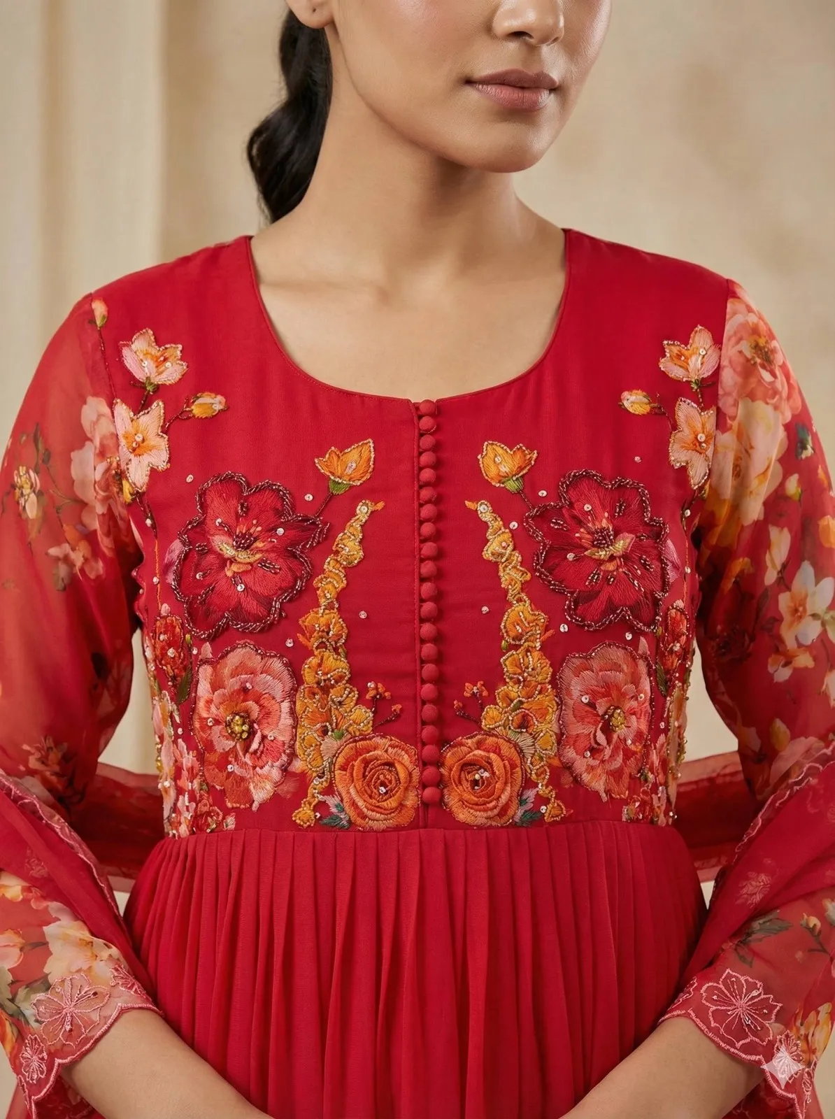 Cherry Red Floral Handwork Gown Set