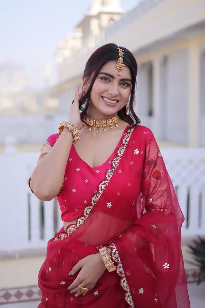 Cherry Red Silk Wedding Lehenga Set