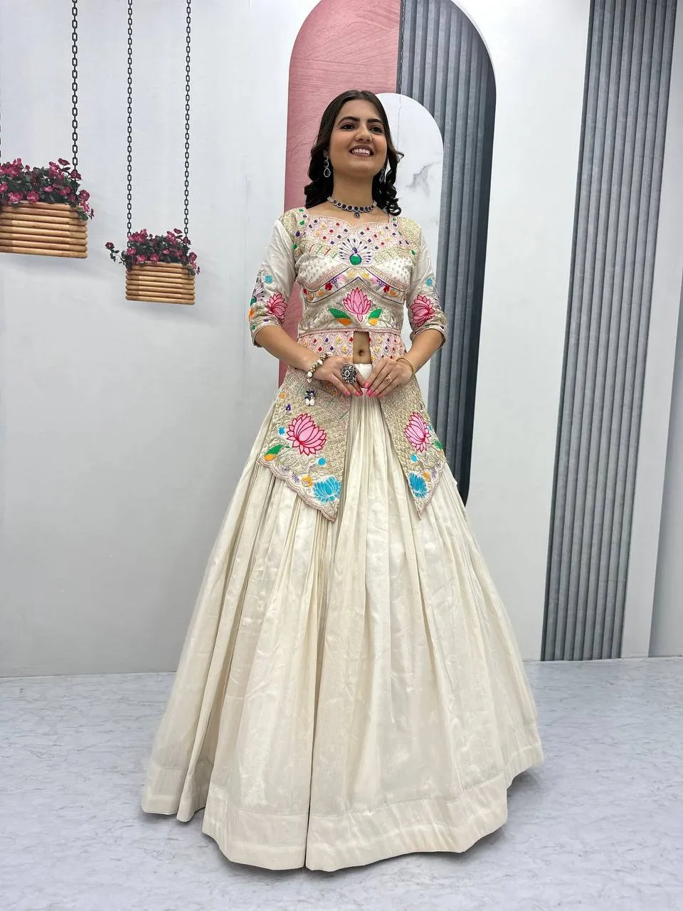 Cream Color Readymade Long Blouse with Lehenga Set