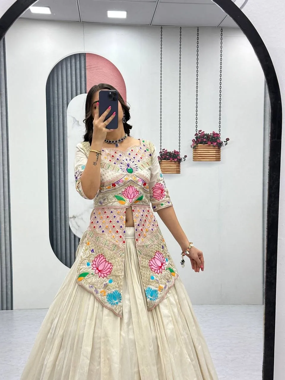 Cream Color Readymade Long Blouse with Lehenga Set