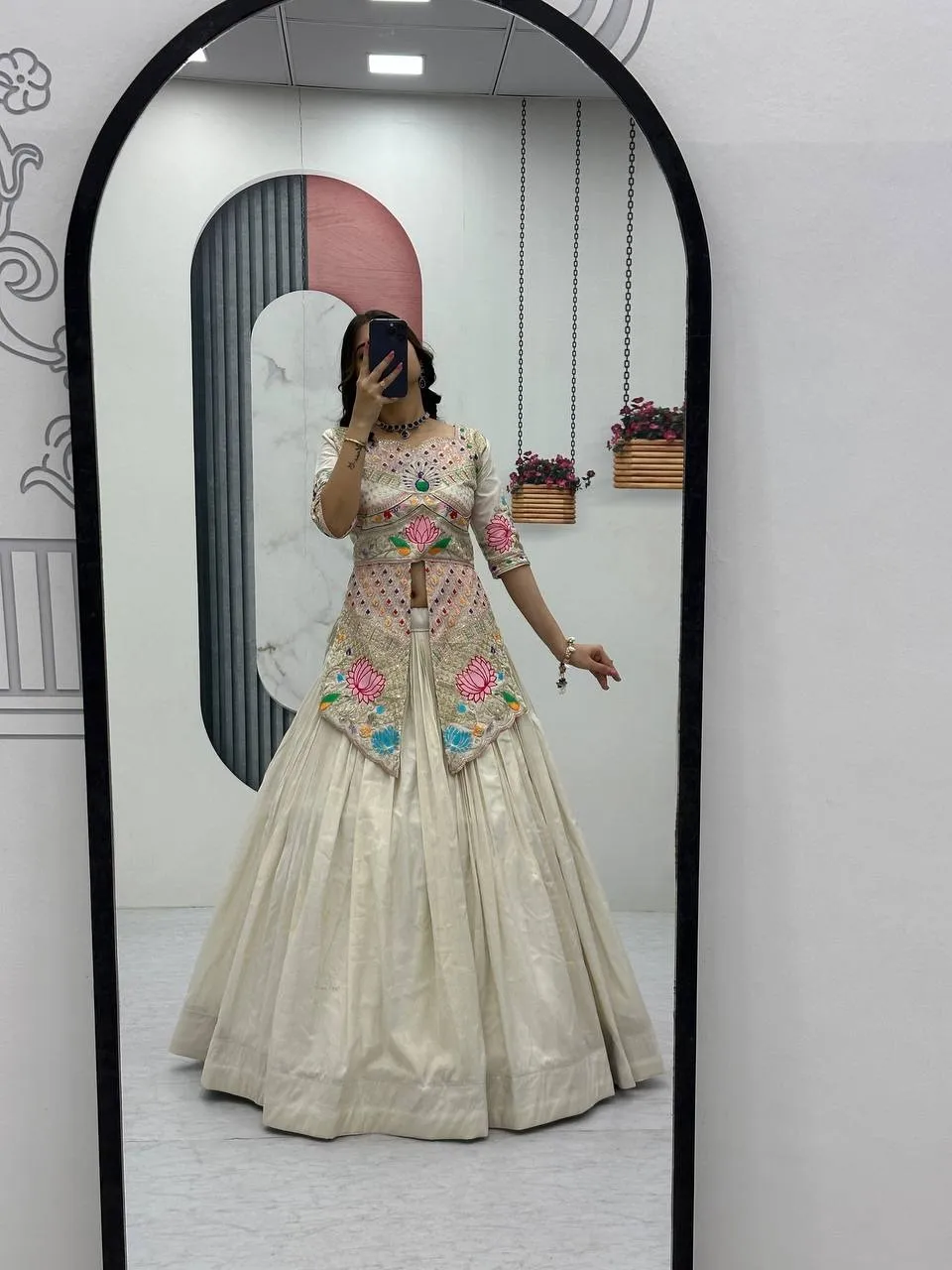 Cream Color Readymade Long Blouse with Lehenga Set