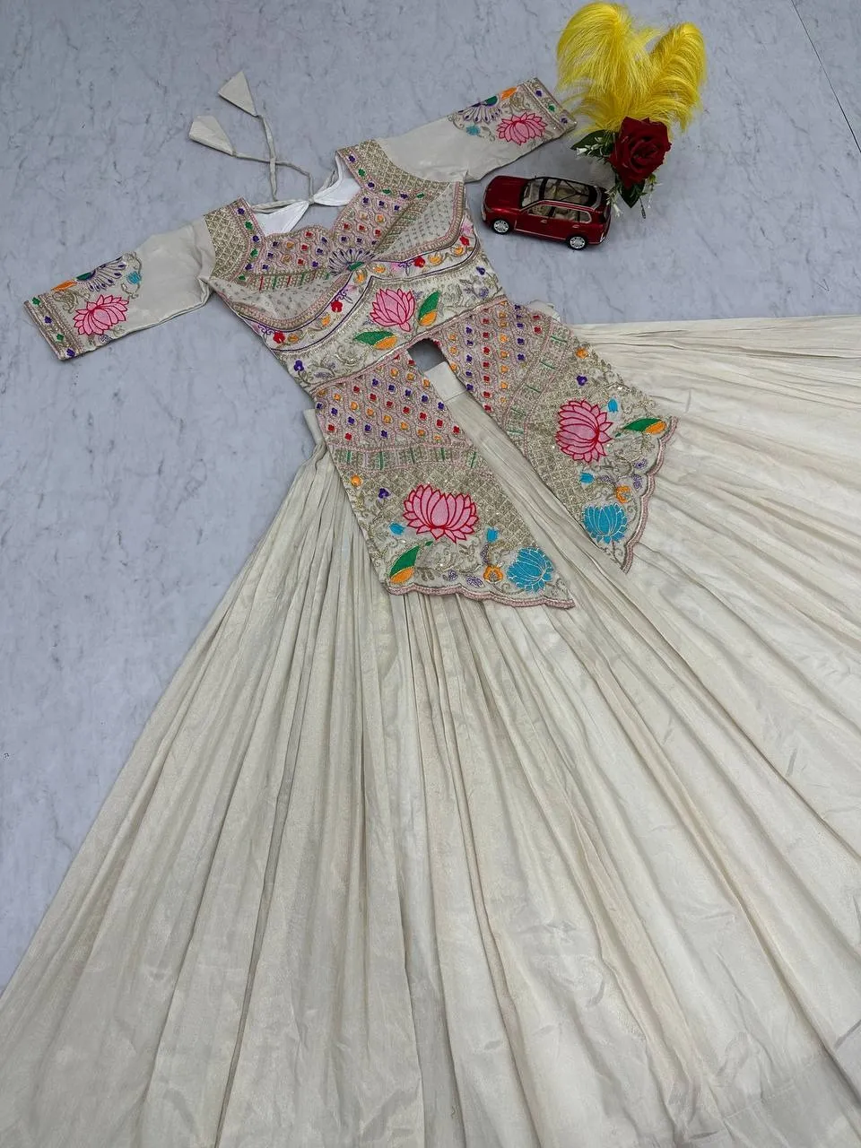 Cream Color Readymade Long Blouse with Lehenga Set
