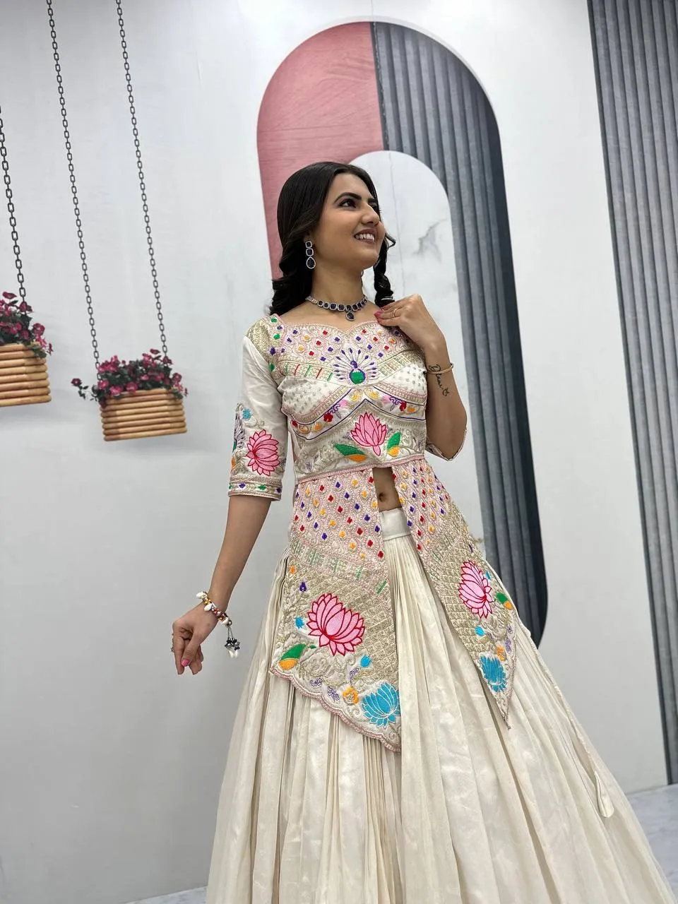 Cream Color Readymade Long Blouse with Lehenga Set
