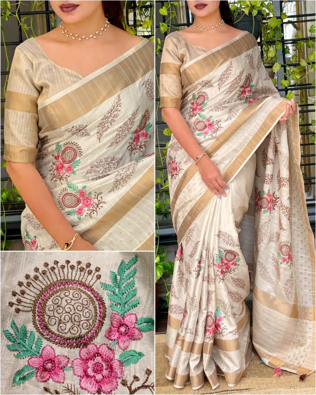 Cream Wedding Tusser Silk Wedding Saree