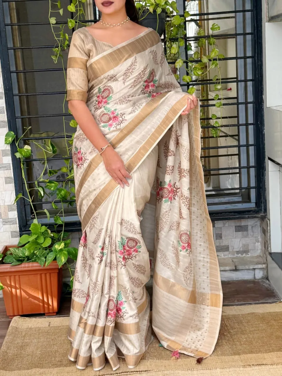 Cream Wedding Tusser Silk Wedding Saree