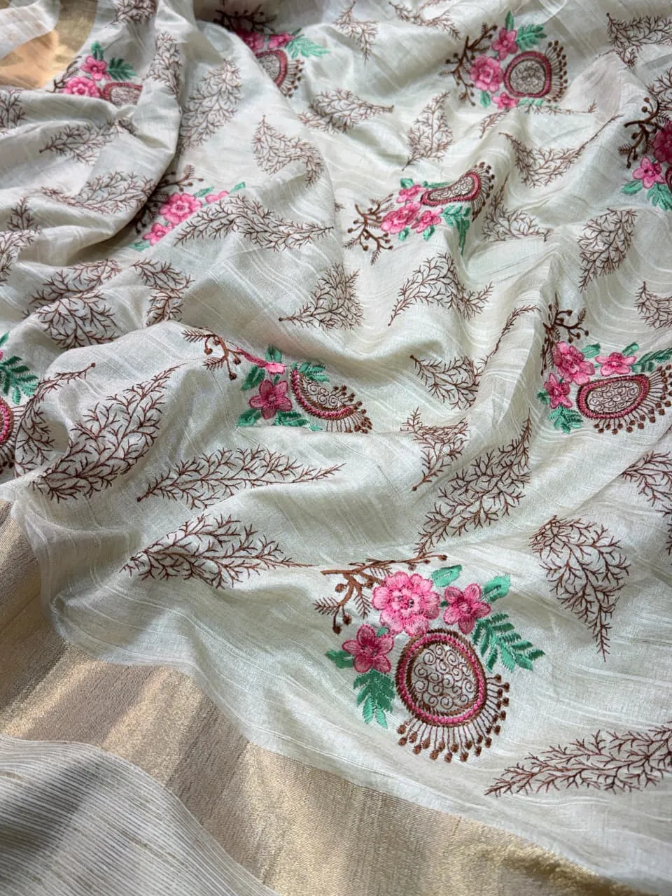 Cream Wedding Tusser Silk Wedding Saree