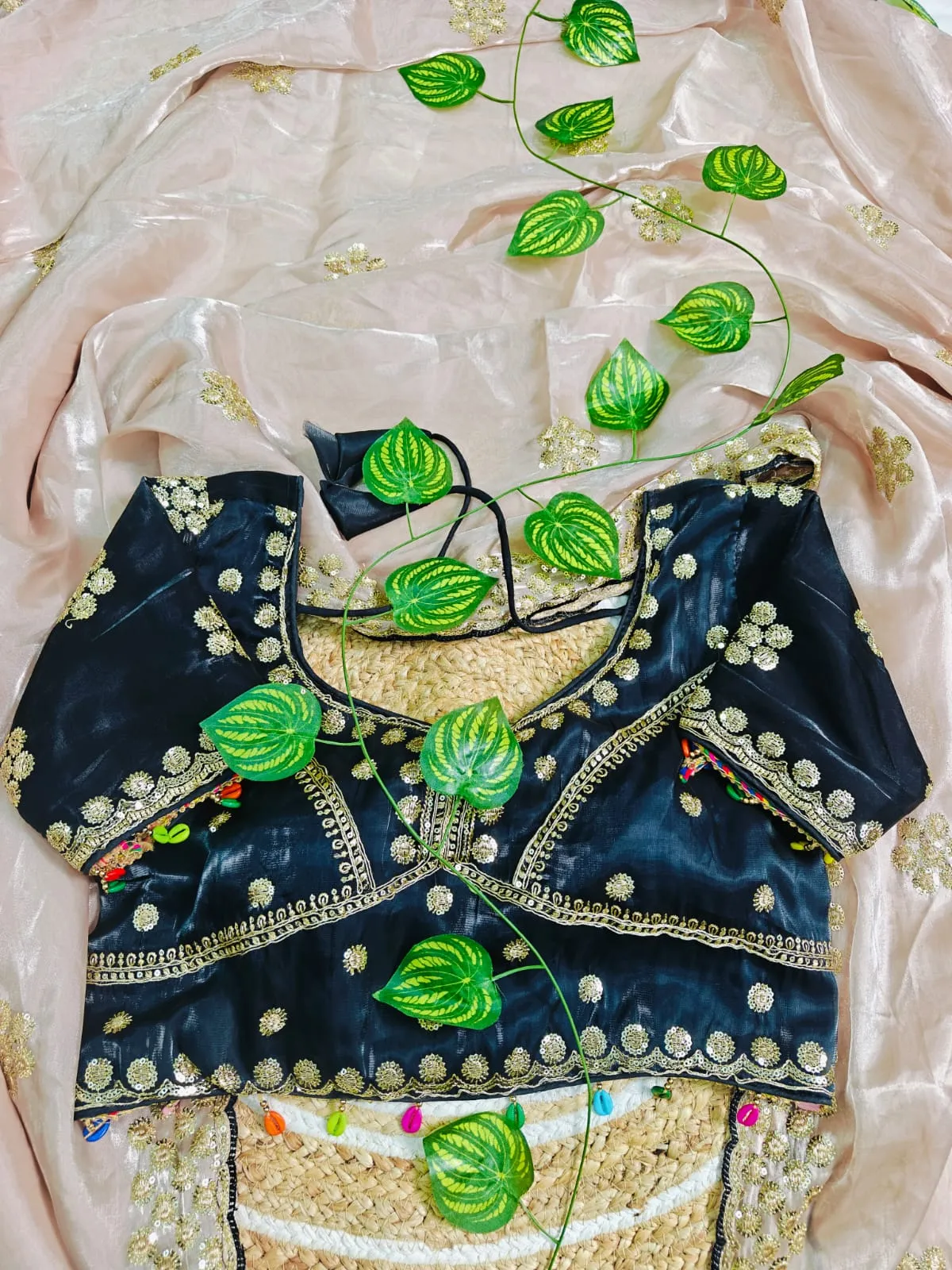 Creme Embroidery Saree with Readymade Contrast Blouse