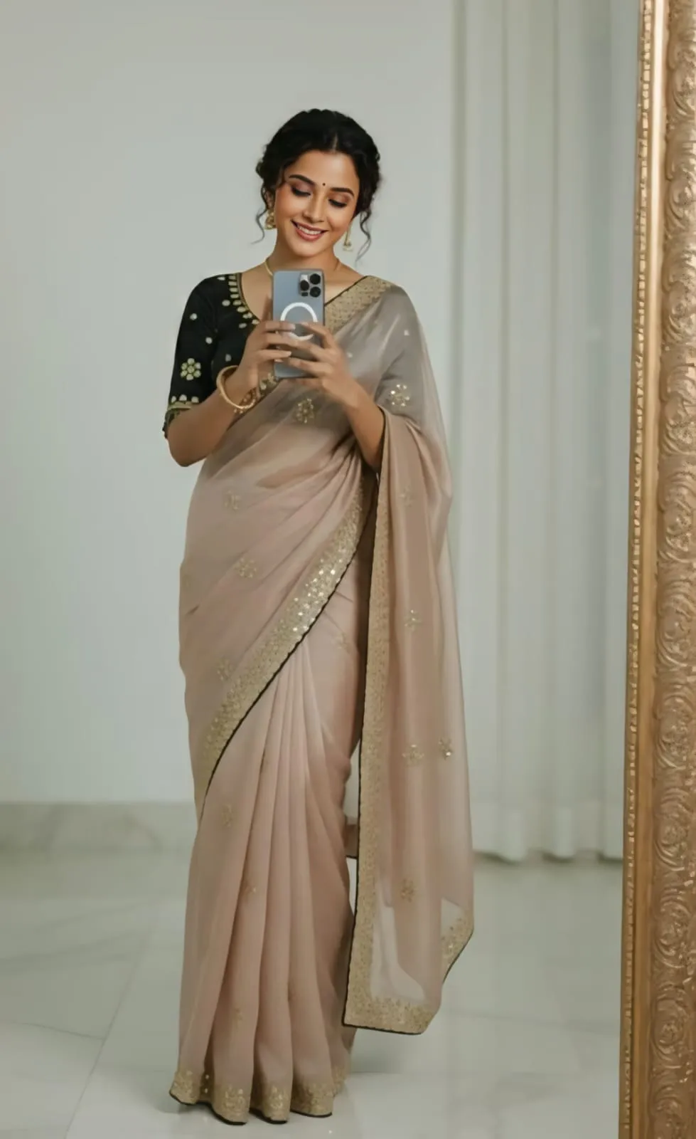 Creme Embroidery Saree with Readymade Contrast Blouse