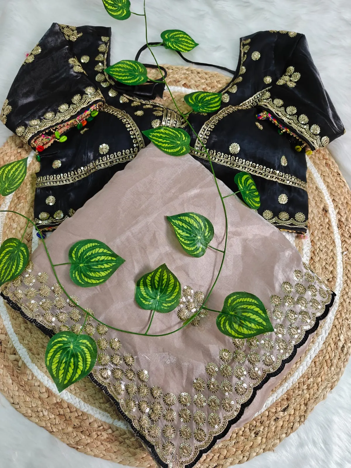 Creme Embroidery Saree with Readymade Contrast Blouse