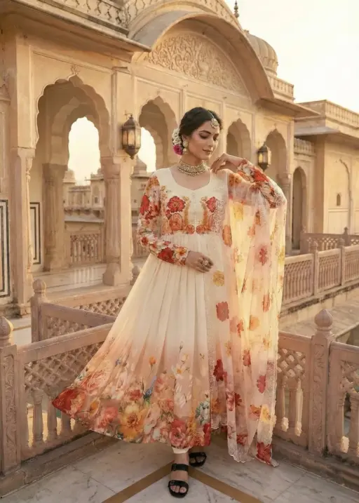 Creme Georgette Floral Handwork Gown with Dupatta