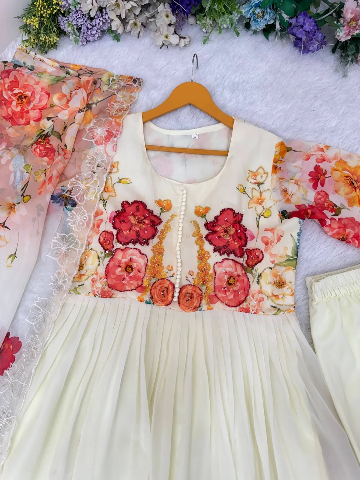 Creme Georgette Floral Handwork Gown with Dupatta