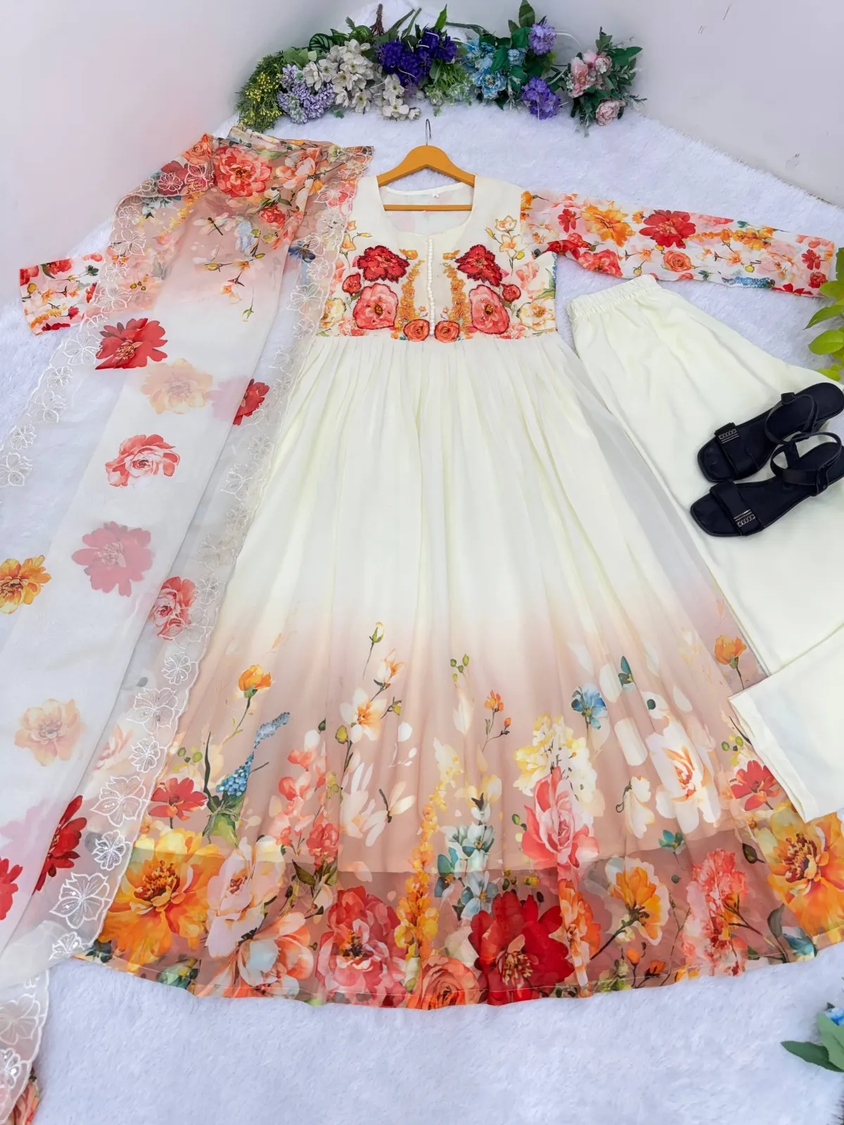 Creme Georgette Floral Handwork Gown with Dupatta