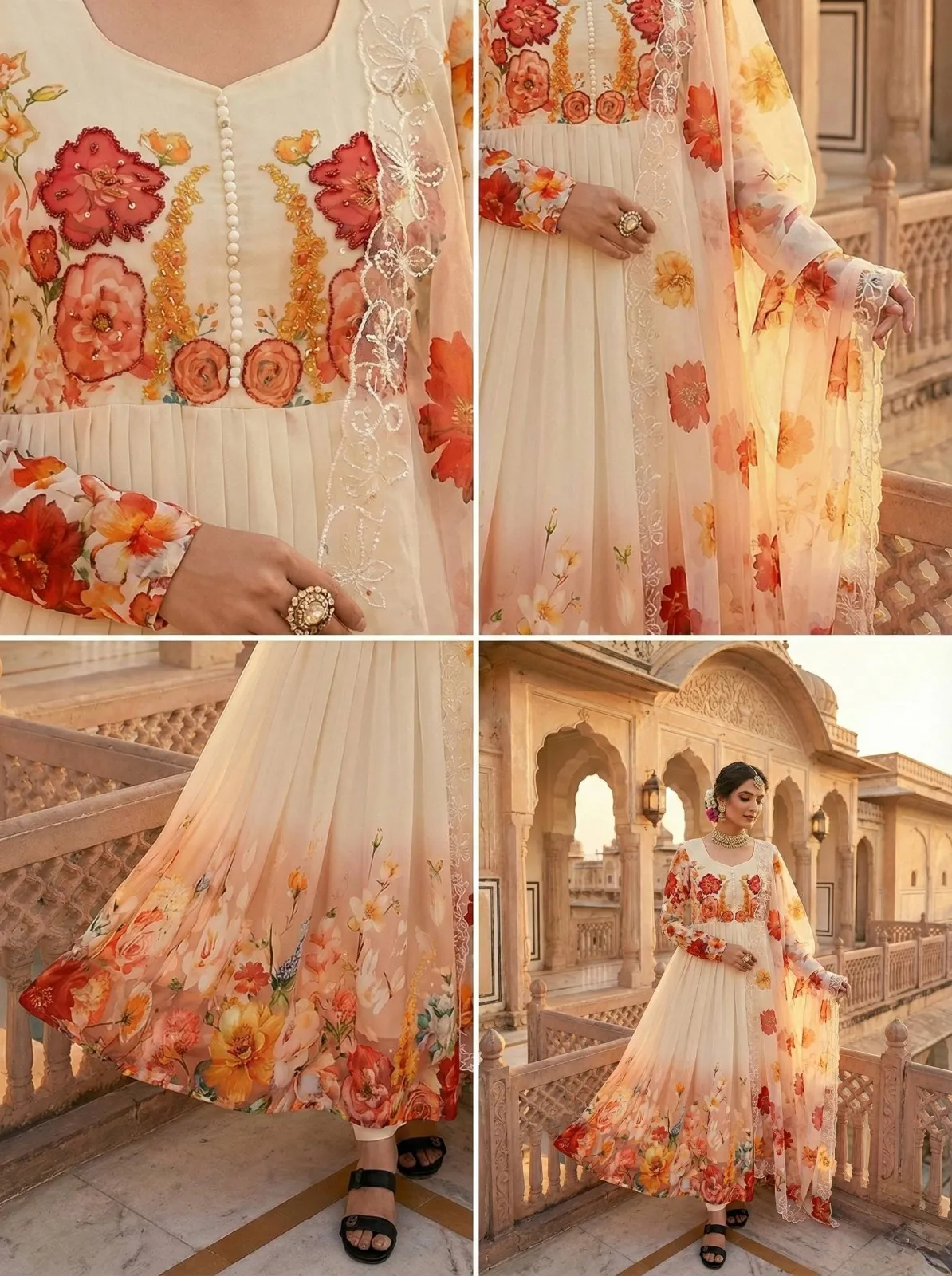 Creme Georgette Floral Handwork Gown with Dupatta
