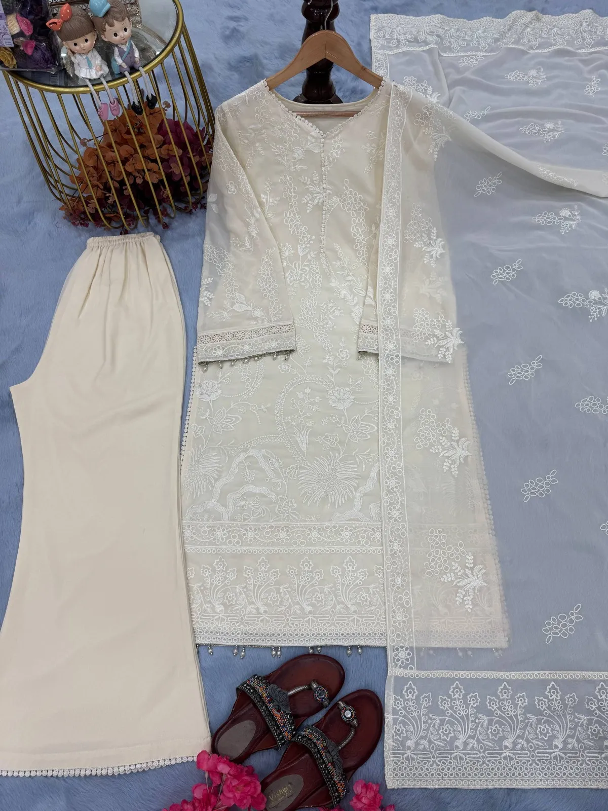 Creme Georgette Readymade Pakistani Dress