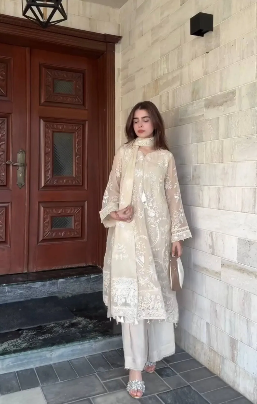 Creme Georgette Readymade Pakistani Dress