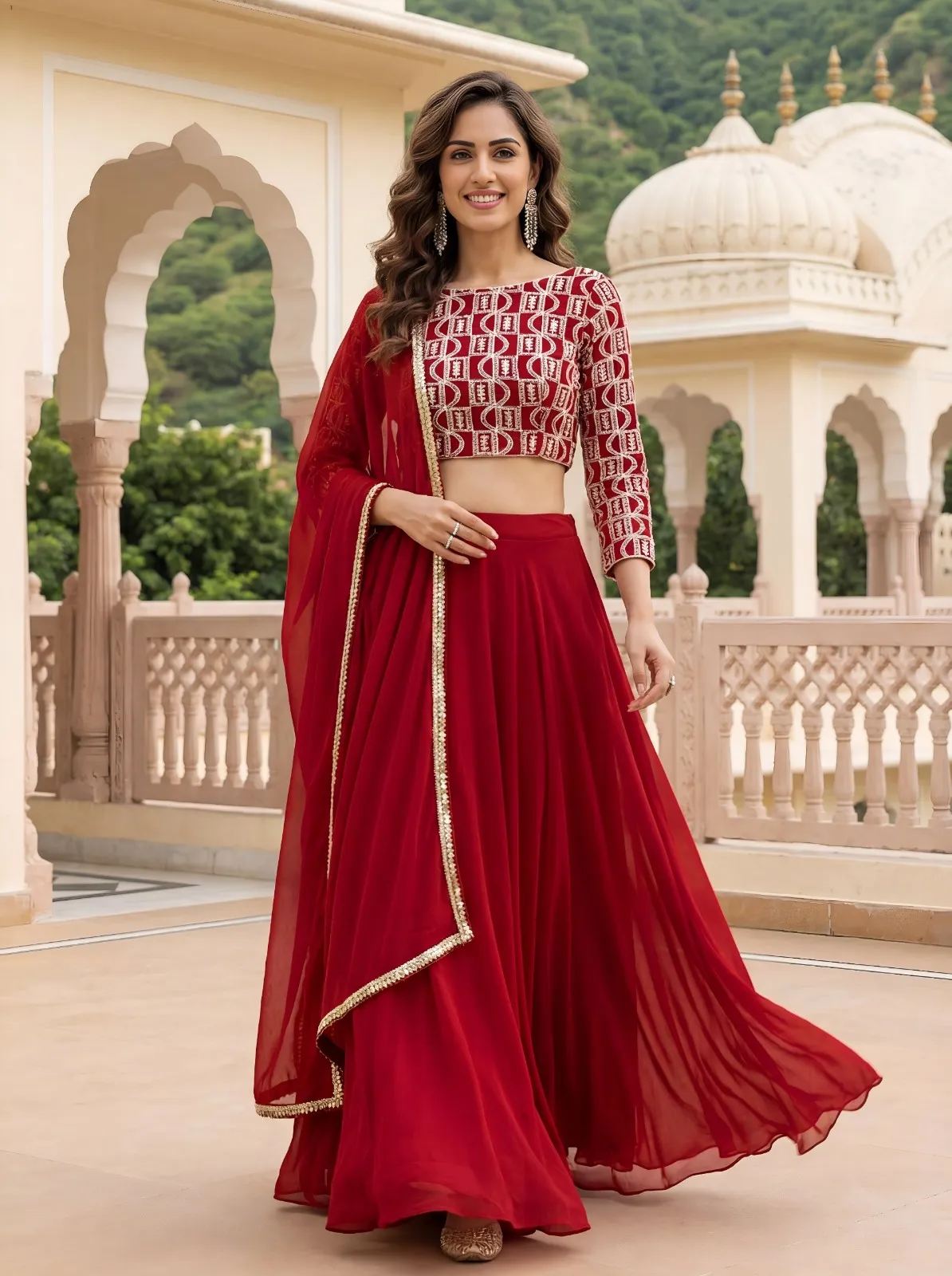 Deep Red Embroidered Georgette Lehenga Set