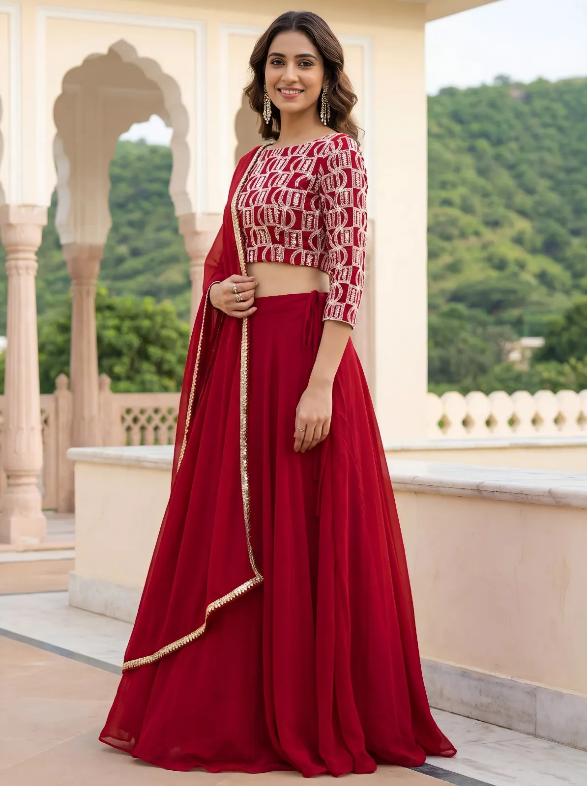 Deep Red Embroidered Georgette Lehenga Set