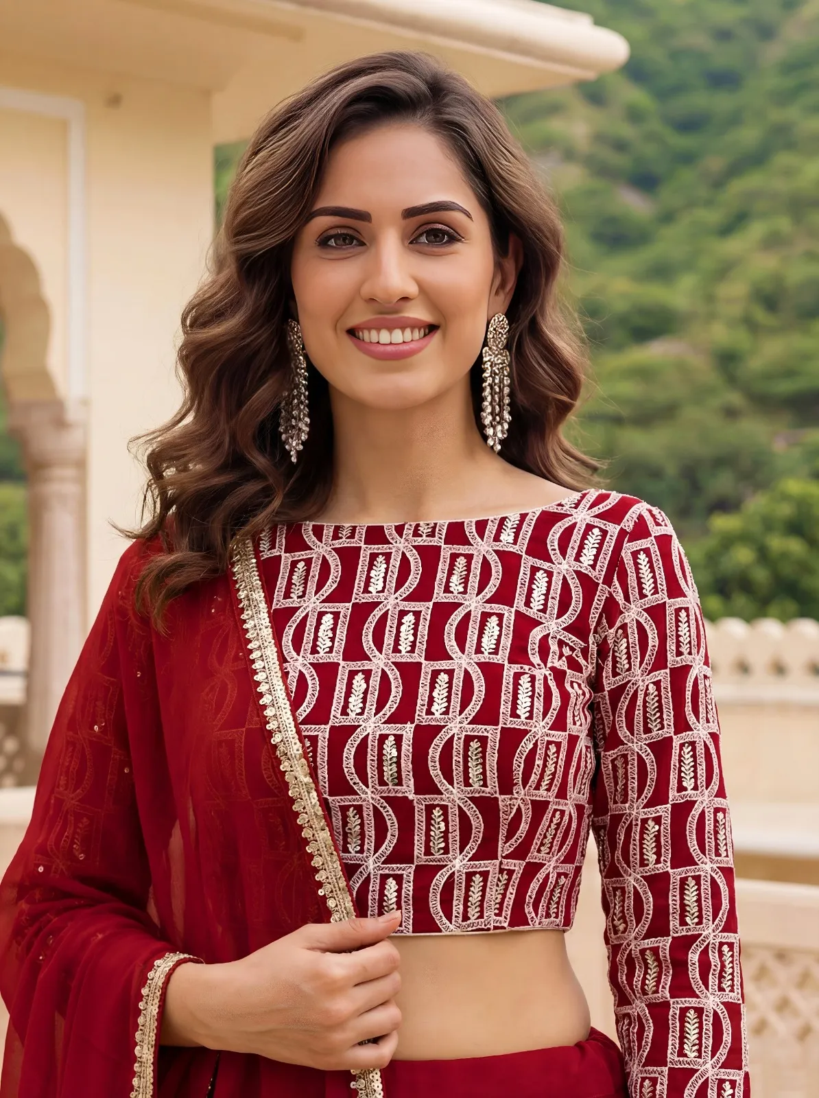 Deep Red Embroidered Georgette Lehenga Set