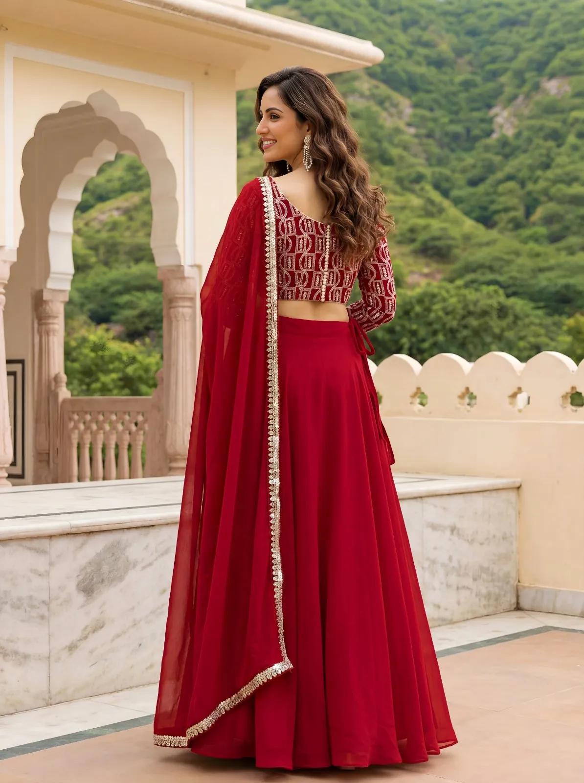 Deep Red Embroidered Georgette Lehenga Set