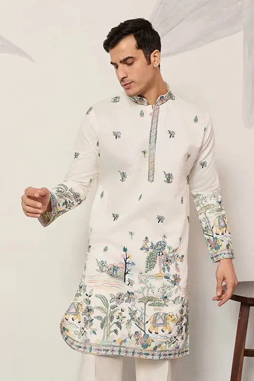 Designer Barat Embroidery Men Kurta White