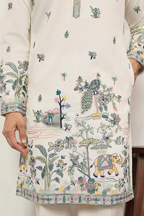 Designer Barat Embroidery Men Kurta White
