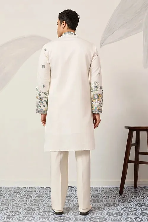 Designer Barat Embroidery Men Kurta White