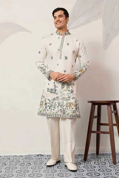 Designer Barat Embroidery Men Kurta White