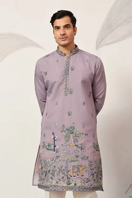 Embroidered Purple Ethnic Men Kurta Pajama