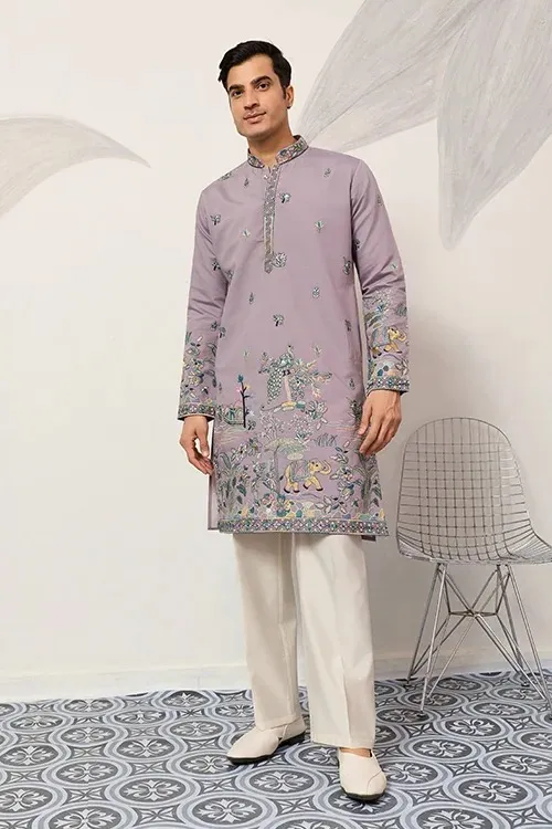 Embroidered Purple Ethnic Men Kurta Pajama