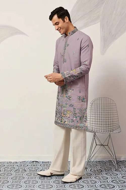 Embroidered Purple Ethnic Men Kurta Pajama