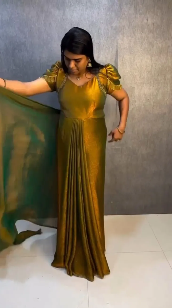 Golden Color Zip and go Saree with Beads
