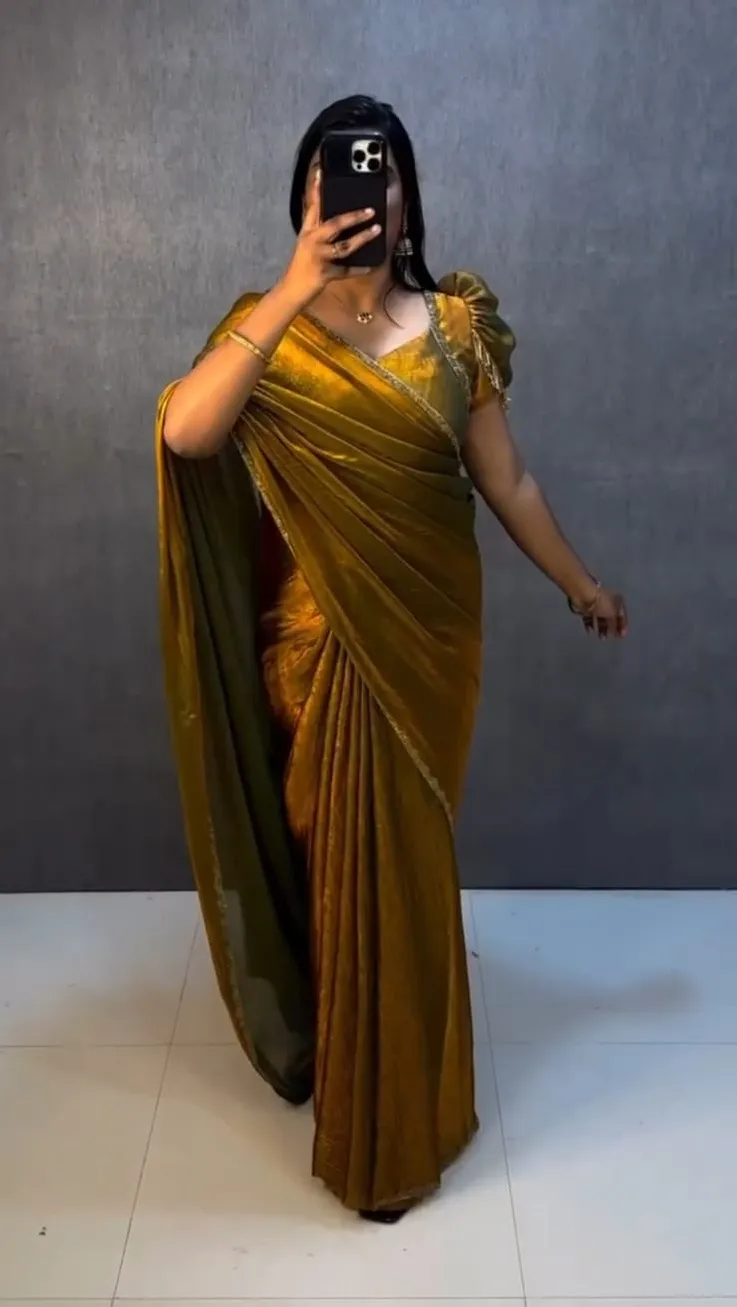 Golden Color Zip and go Saree with Beads