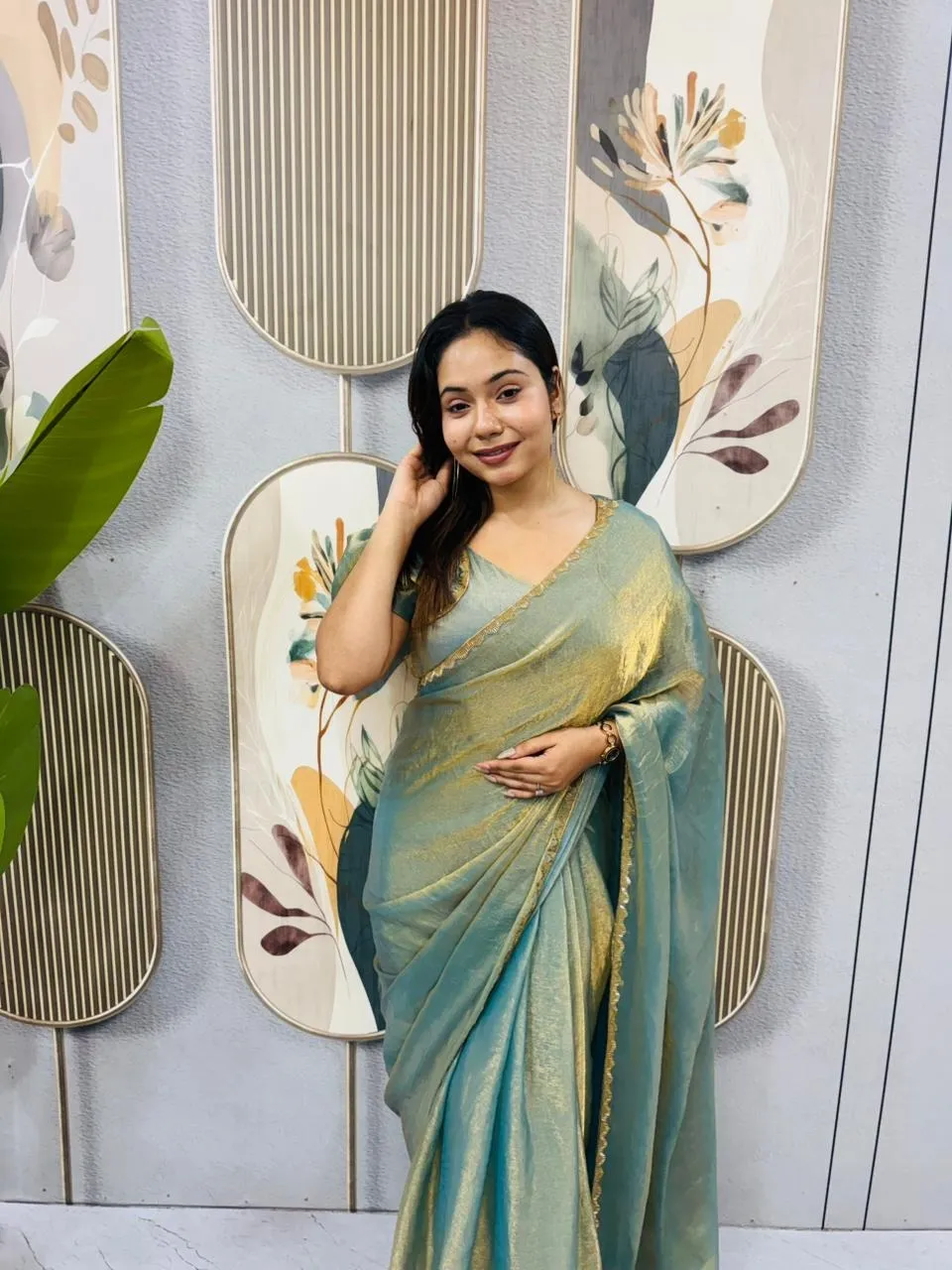 Green Color Zip and go Saree with Beads