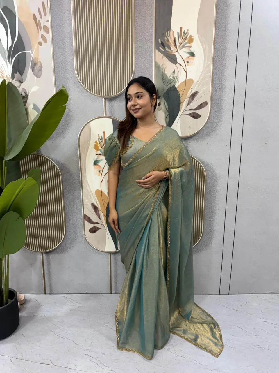 Green Color Zip and go Saree with Beads