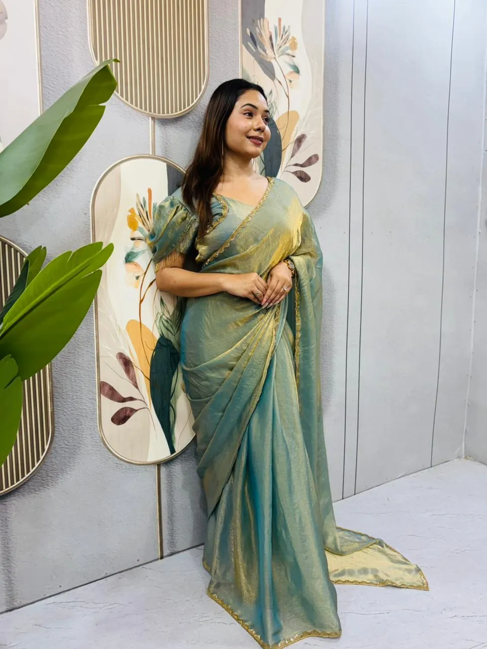 Green Color Zip and go Saree with Beads