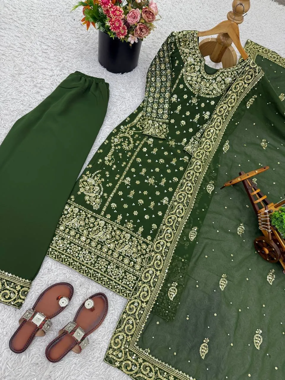 Green Readymade Pakistani Long Suits for Women