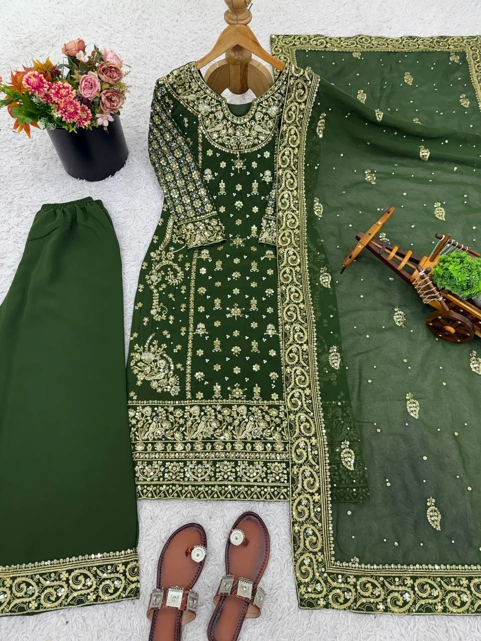 Green Readymade Pakistani Long Suits for Women