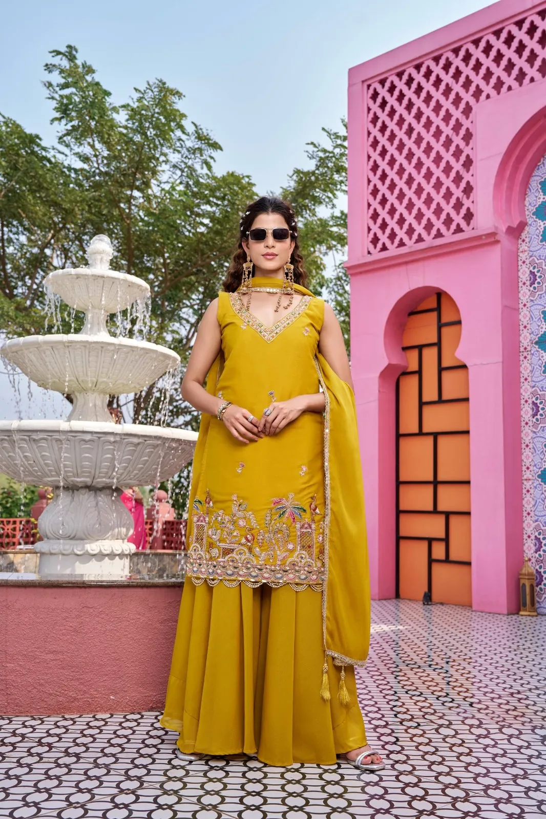 Haldi Ceremony Special Beads Work Readymade Plazzo Set