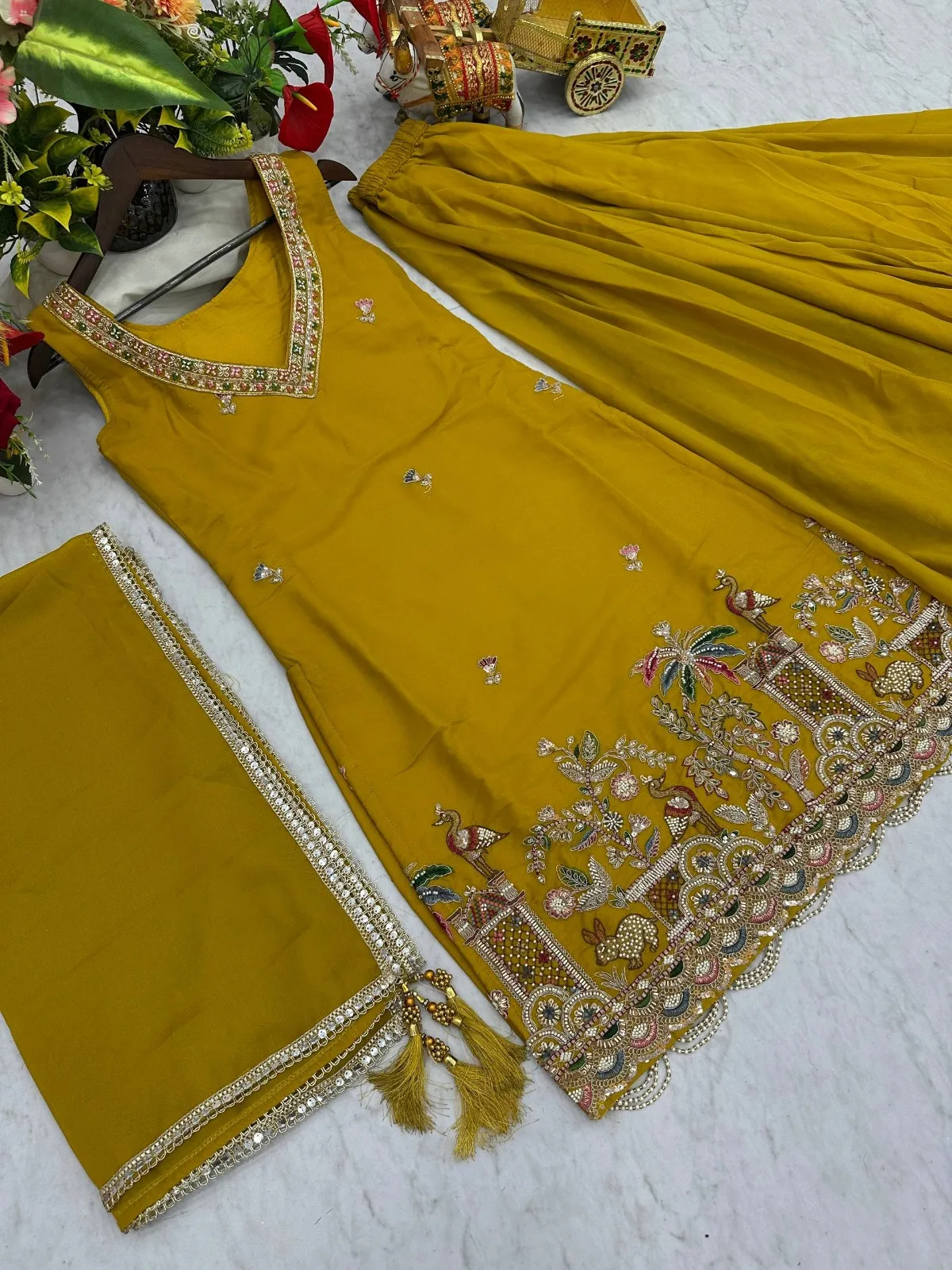 Haldi Ceremony Special Beads Work Readymade Plazzo Set