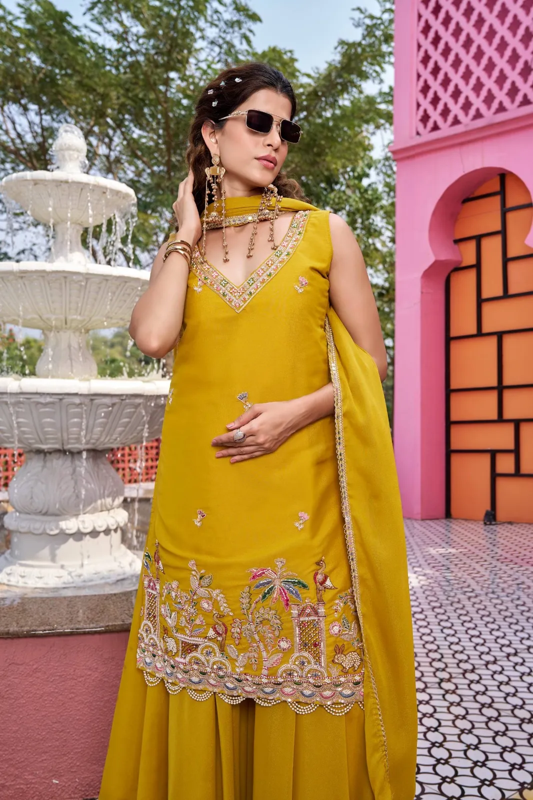 Haldi Ceremony Special Beads Work Readymade Plazzo Set