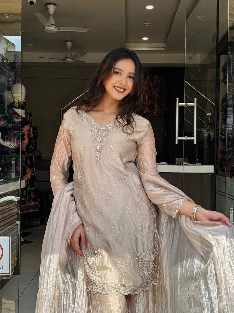 Chiku Color Pakistani Embroidery Plazzo Dress