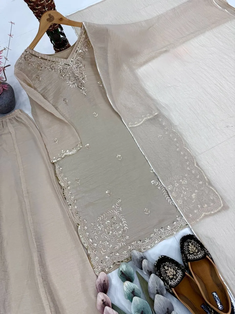 Chiku Color Pakistani Embroidery Plazzo Dress